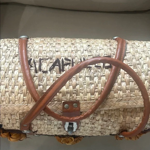 Woven Straw Tote Bag with Brown Leather Trim and Floral Accents -Acapulco - Picture 2 of 13